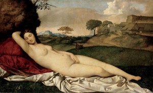 Giorgione da Castelfranco, Sleeping Venus (1508-10, oil on canvas, 42.7 x 69 in [108.5 x 175 cm]). Gemaldegalerie, Dresden.