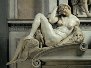 Michelangelo Buonarroti, Night (1524-27, marble, 61 x 59 in; max length 76.4 in diagonally [155 x150 cm; max length 194 cm diagonally]). Medici Chapel, Florence.