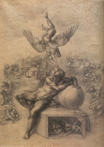 Michelangelo Buonarroti, The Dream (c. 1533, black chalk on laid paper, 15.6 x 11.9 in [39.6 x 27.9 cm]). Courtauld Gallery, London.