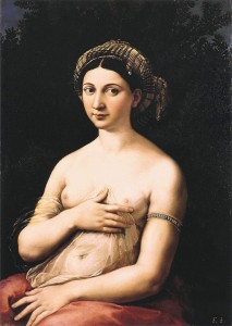 Raffaello Sanzio da Urbino (Raphael), La Fornarina (c. 1520, oil on panel, 33 x 24 in [85 x 60 cm]). Palazzo Barberini, Rome.