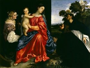 Tiziano Vecellio di Gregorio (Titian), Madonna and Child with Saints Catherine, Dominic and a Donor (1513, oil on canvas, 54 x 72 in [137 x 184 cm]). Fondazione Magnani-Rocca, Parma.