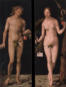 Albrecht Dürer, Adam and Eve (1507, oil on two panels, each 82 x 32 in [209 x 81 cm]).  Image courtesy Museo del Prado, Madrid.