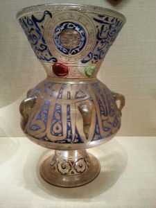 Mosque Lamp of Sultan Barquq, Egypt or Syria, Mamluk period (c. 1382-99, enameled and gilded glass).  The Metropolitan Museum of Art, New York.